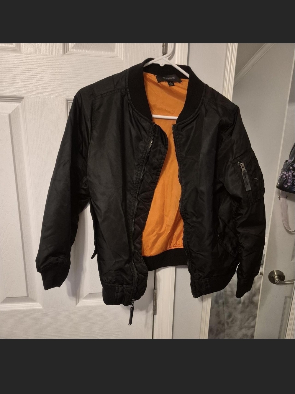 Black Unisex Bomber Jacket with Orange Lining